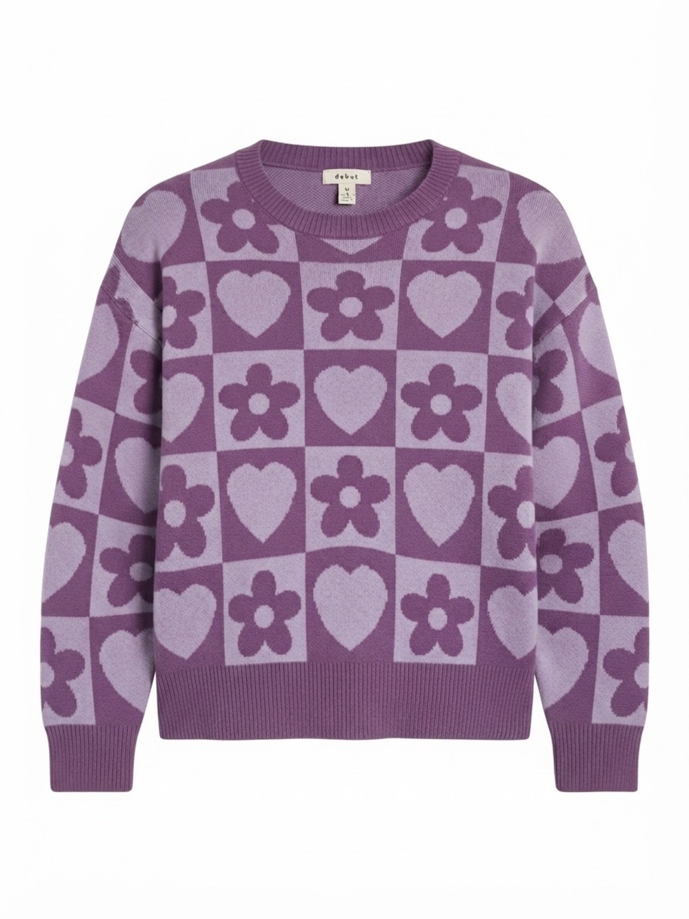 Debut Purple Checkerboard Heart & Flower Crewneck Sweater